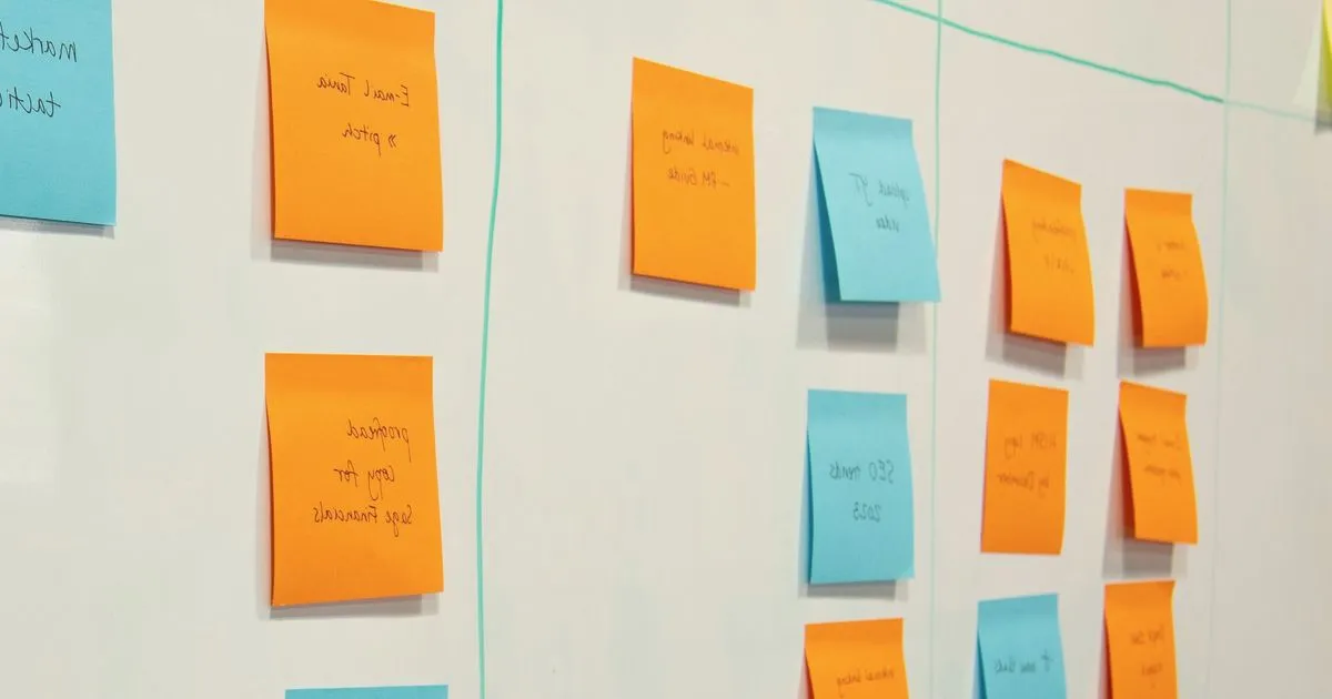 Whiteboard mit Kanban-Spalten und bunten Haftnotizen
